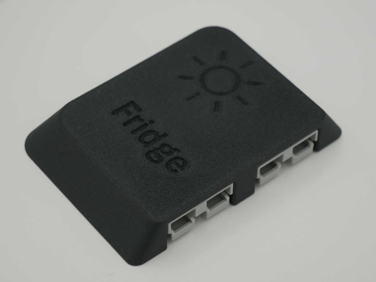 Durable black Dual Anderson Mount cover labelled Fridge with solar icon, designed for 50amp Anderson plugs and mounts