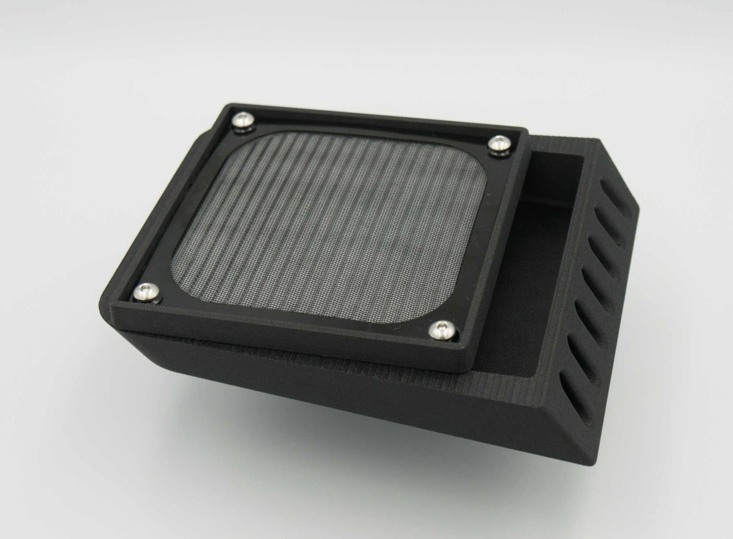 Black angular slanted maxi filtered air vent with stainless steel bolts and mesh screen for rear mounting on canopies or structures