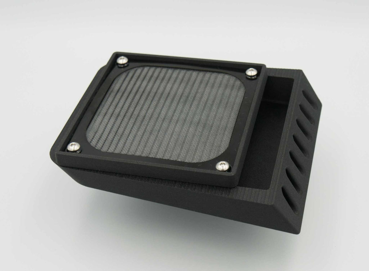 Black angular slanted maxi filtered air vent with stainless steel bolts and mesh screen for rear mounting on canopies or structures