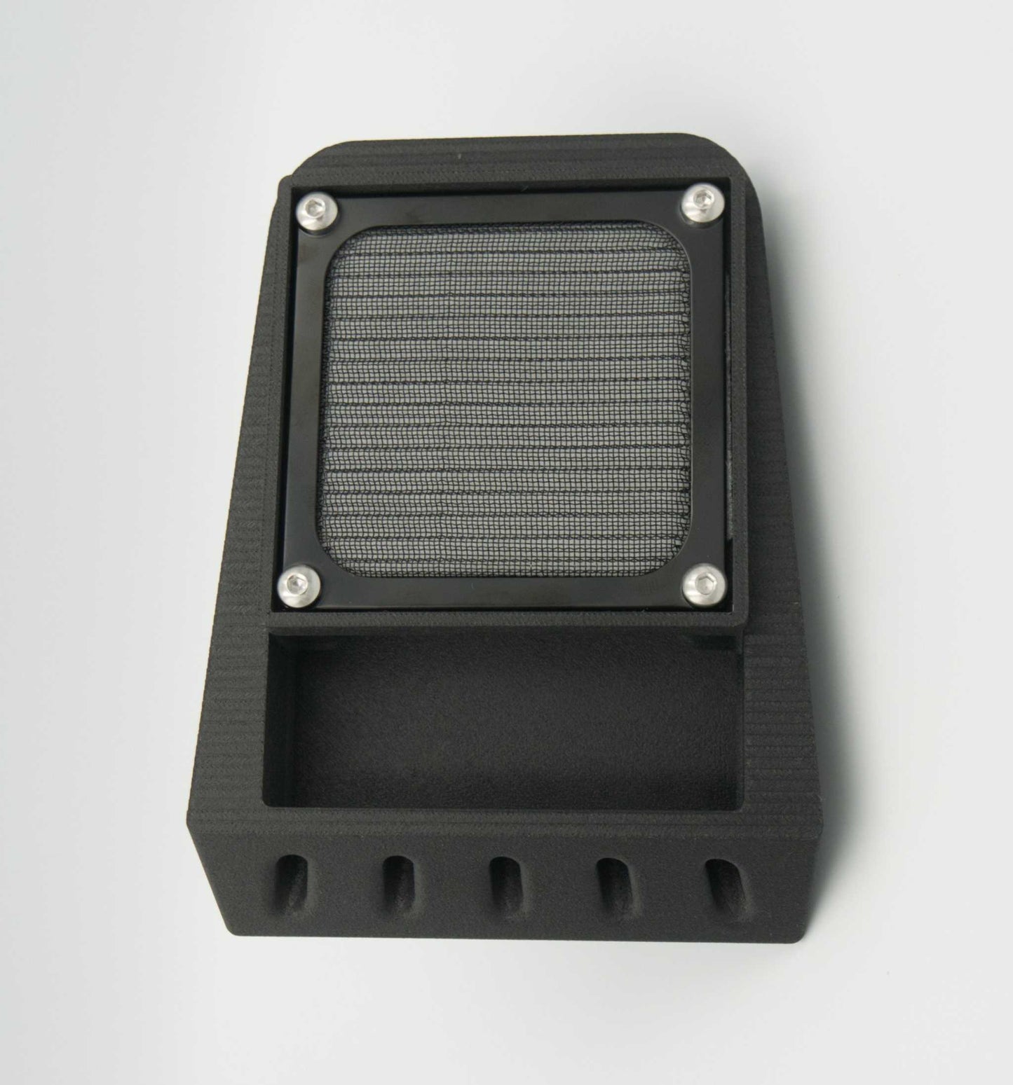slanted mini filtered air vent in black with mesh screen and grey filter for rear canopy mounting