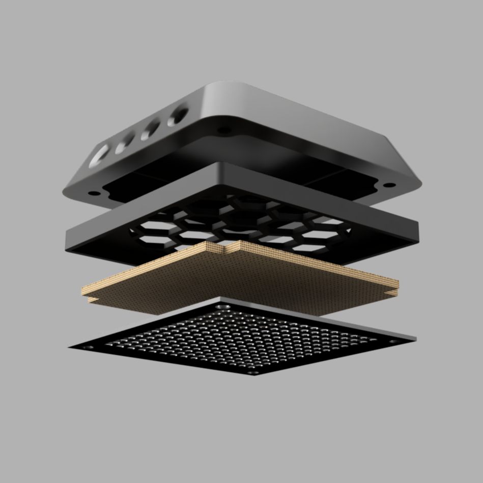 Exploded view of Maxi filtered air vent components including housing, filter, and screen for rear mounting on vehicle canopy