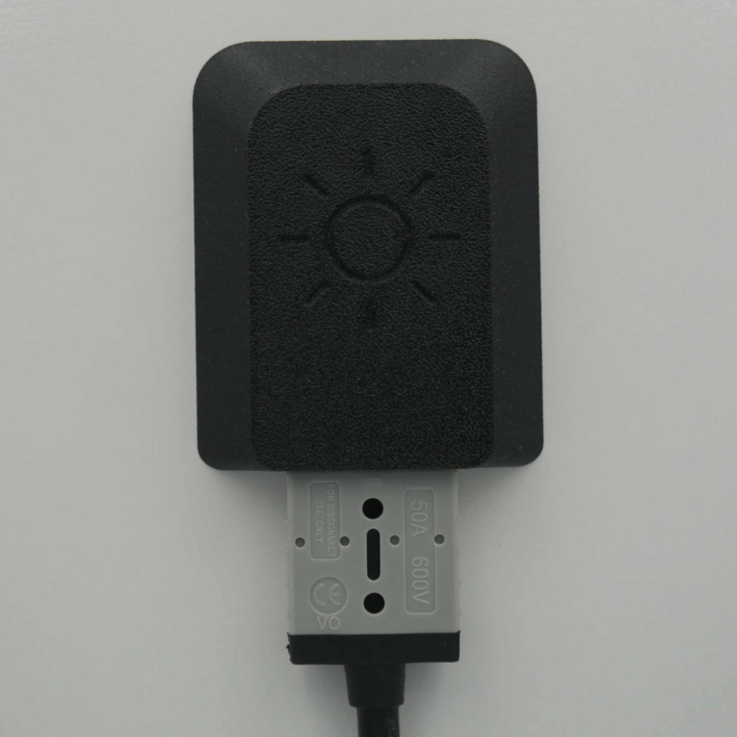 Single Anderson Mount with 50amp Anderson plug, UV resistant ABS-glass fiber housing, sun icon cover, durable for canopy or structure mounting.