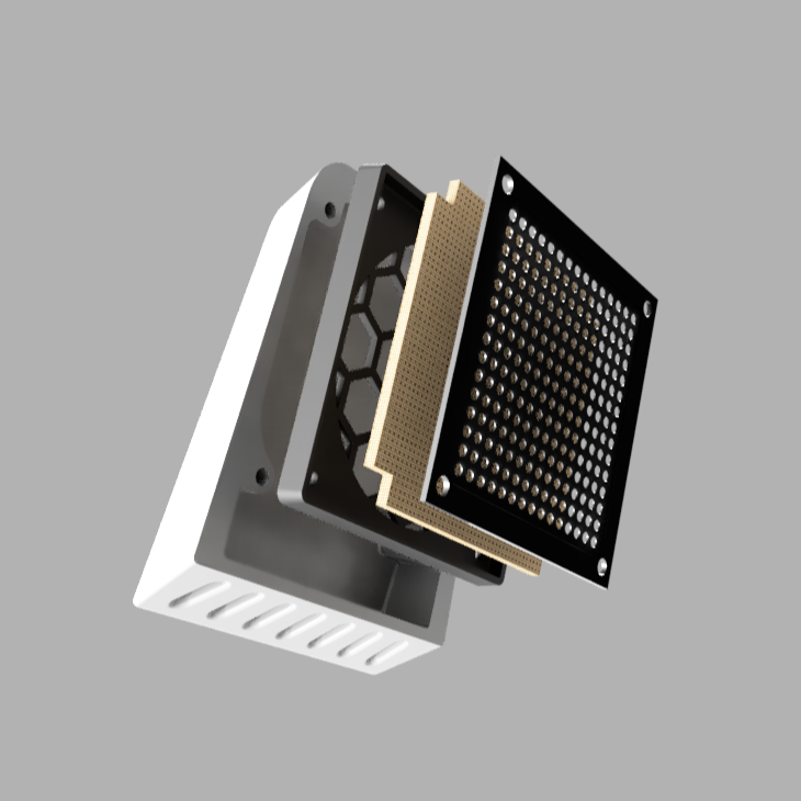 exploded view of slanted maxi filtered air vent with filter, screen, and housing components for canopy rear mounting