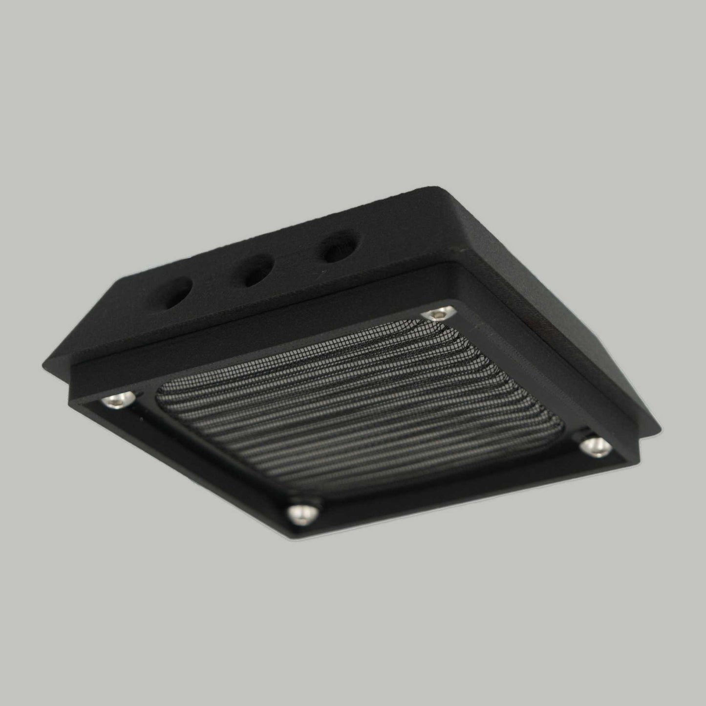 Compact black filtered air vent with metal screen for rear mounting on canopies or structures