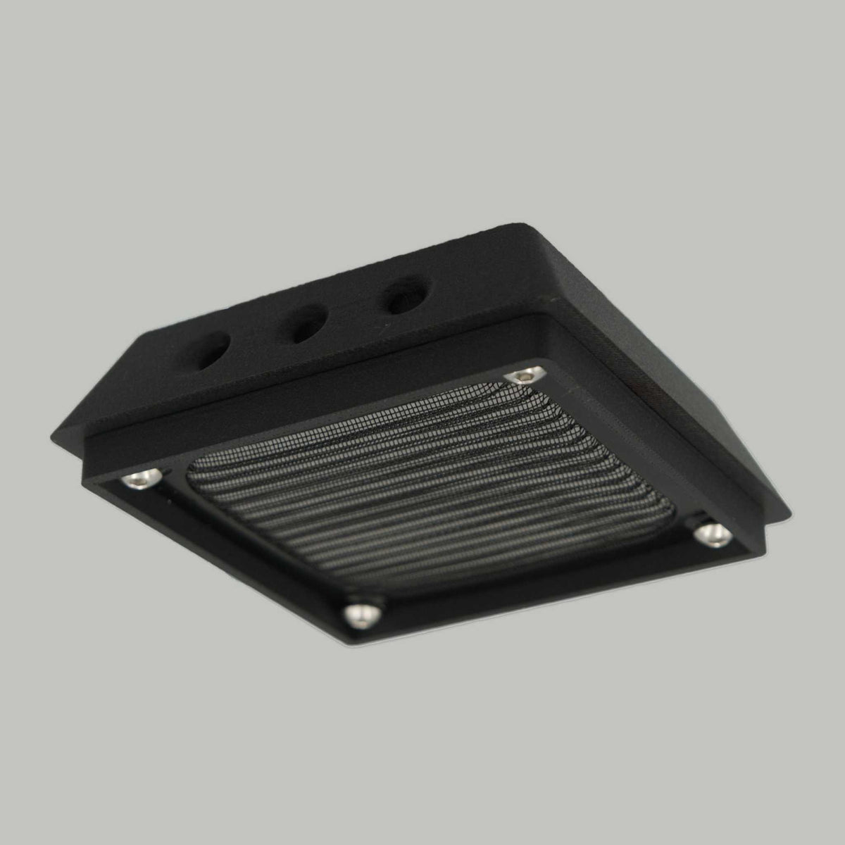 Compact black filtered air vent with metal screen for rear mounting on canopies or structures