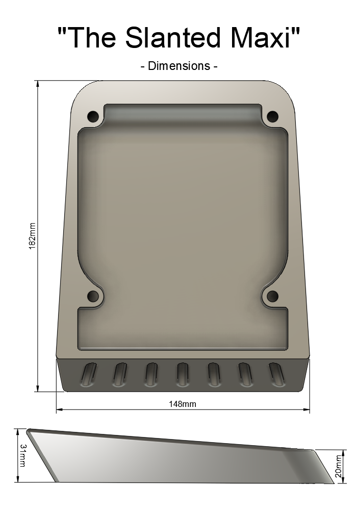 Slanted Maxi filtered air vent with angular design for vertical rear mounting, dimensions 182x148x31mm, made from ASA-CF or ABS-GF materials.