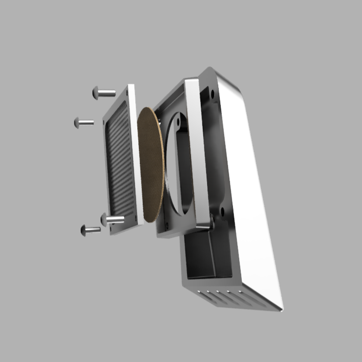 Exploded view of the Slanted Mini filtered air vent with filter, screen, housing, and screws for rear vertical mounting on vehicle canopies