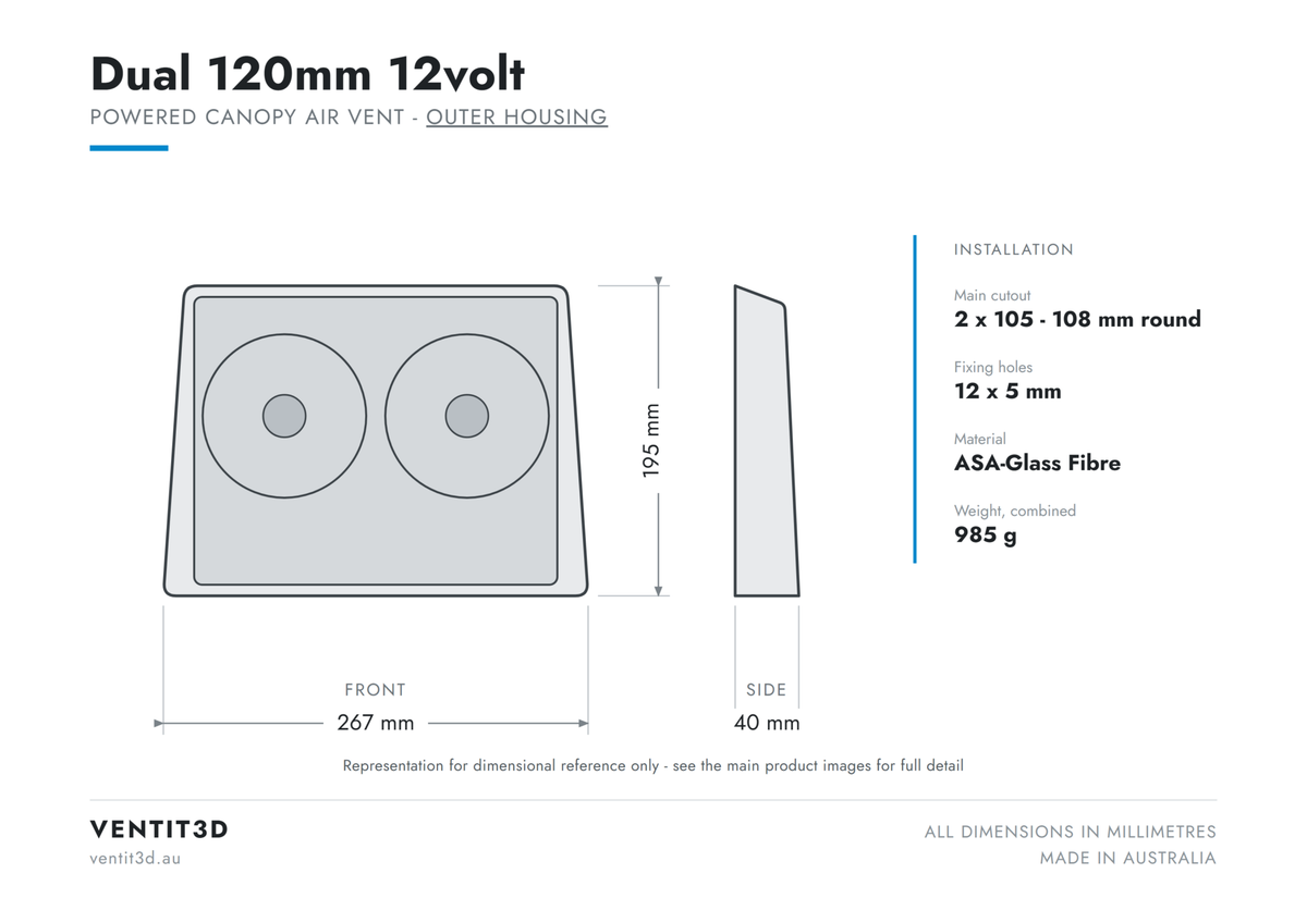 Ventit3D Dual 120mm 12volt canopy air vent outer housing dimensioned drawing - 267 x 195 x 40 mm with 2 x 105-108 mm round cutouts