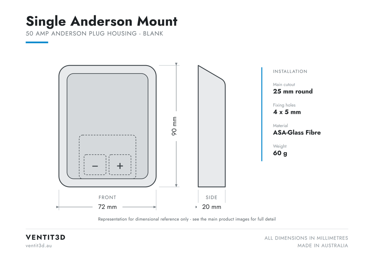 Ventit3D Single Anderson Mount dimensioned drawing - 72 x 90 x 20 mm with 25 mm round cutout