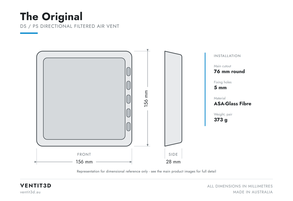 Ventit3D The Original filtered canopy air vent dimensioned drawing - 156 x 156 x 28 mm with 76 mm round cutout