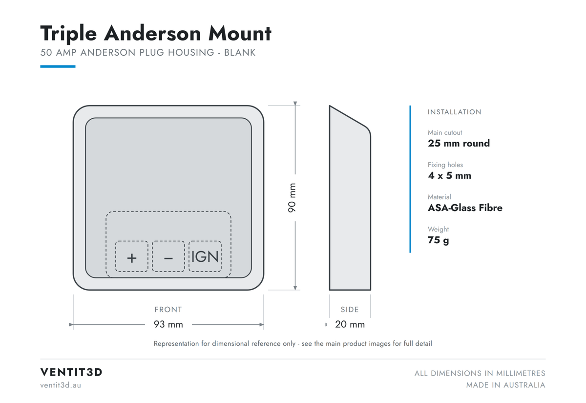 Ventit3D Triple Anderson Mount dimensioned drawing - 93 x 90 x 20 mm with 25 mm round cutout