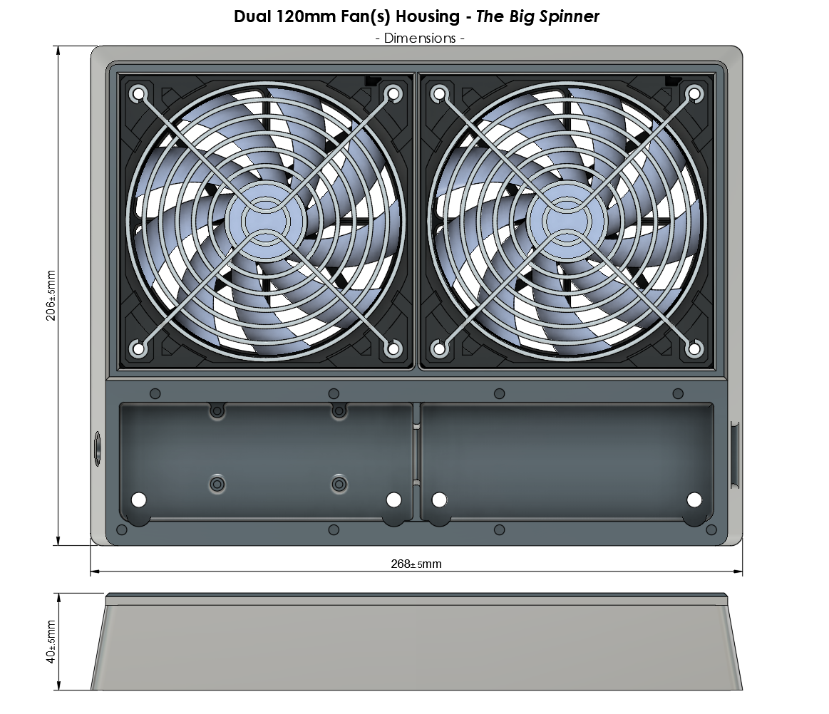 Diagram of a dual 120mm fan housing labeled 'The Big Spinner' with dimensions.