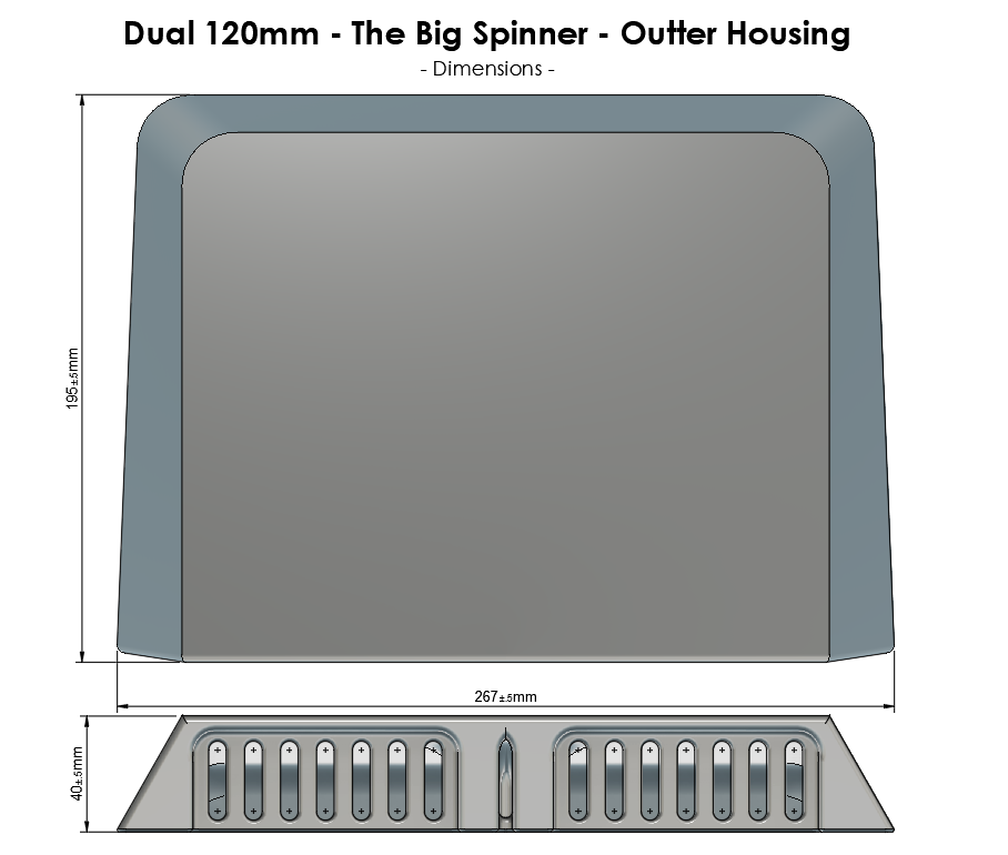 Technical drawing of Ventit3d Dual 120mm Vent outer housing with dimensions.