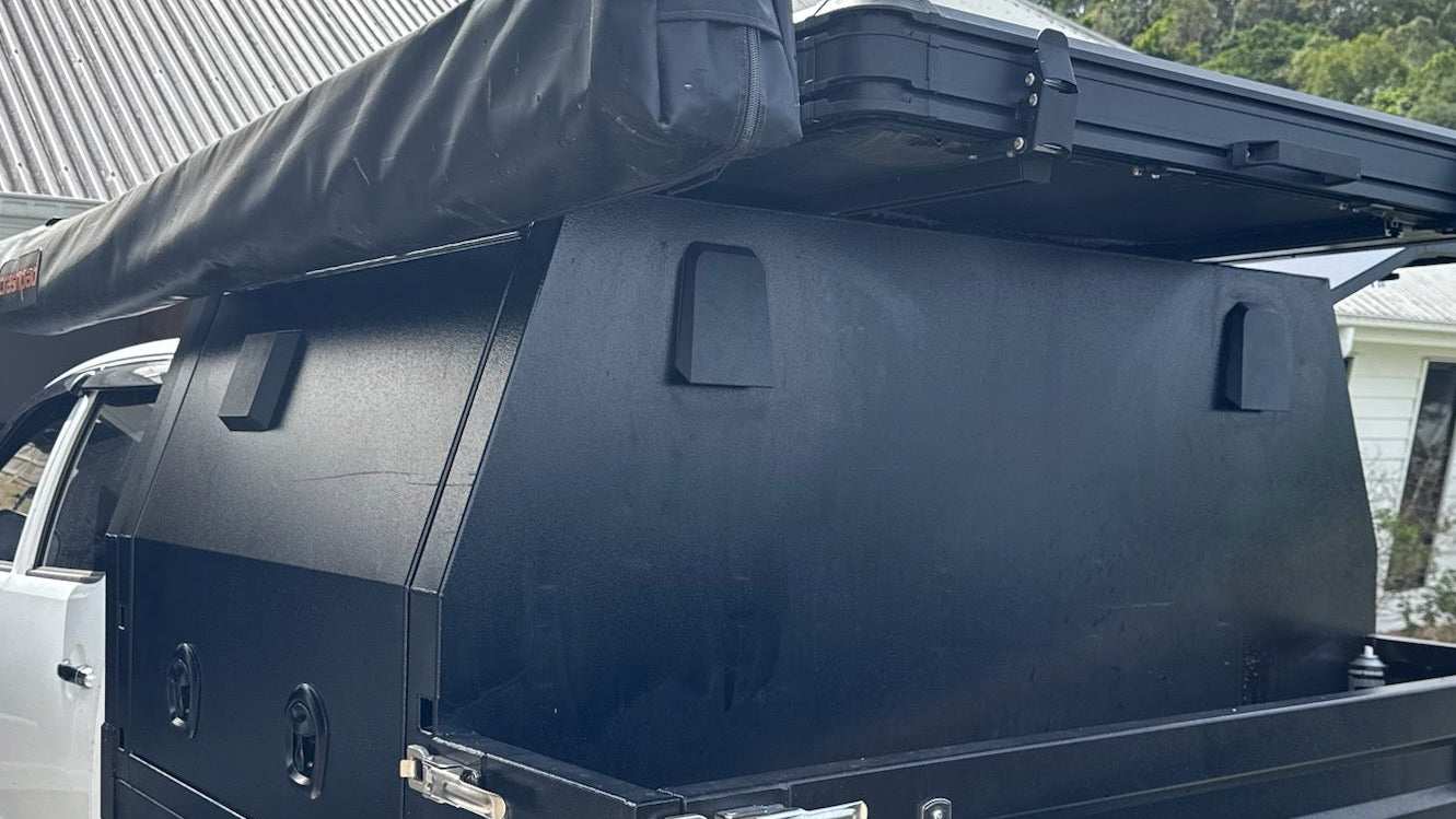 Black Alloy Ute Canopy fitted with a set of Original and Slanted Mini Vents from Ventit3d