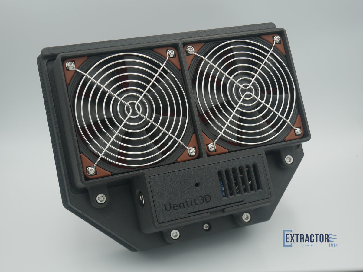 The Extractor Twin dual 12V canopy vent, inside view showing two Noctua IP67 fans behind stainless steel guards and the controller box