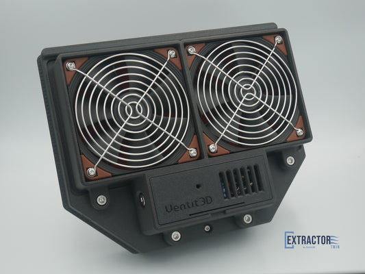 The Extractor Twin dual 12V canopy vent, inside view showing two Noctua IP67 fans behind stainless steel guards and the controller box