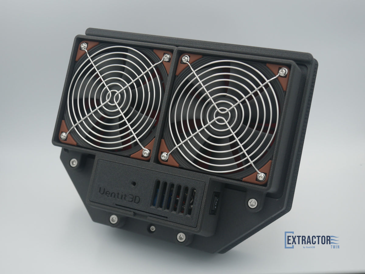 The Extractor Twin fan box from an angle, two 120mm Noctua fans with stainless guards on the Inner to Outer Vent Mount