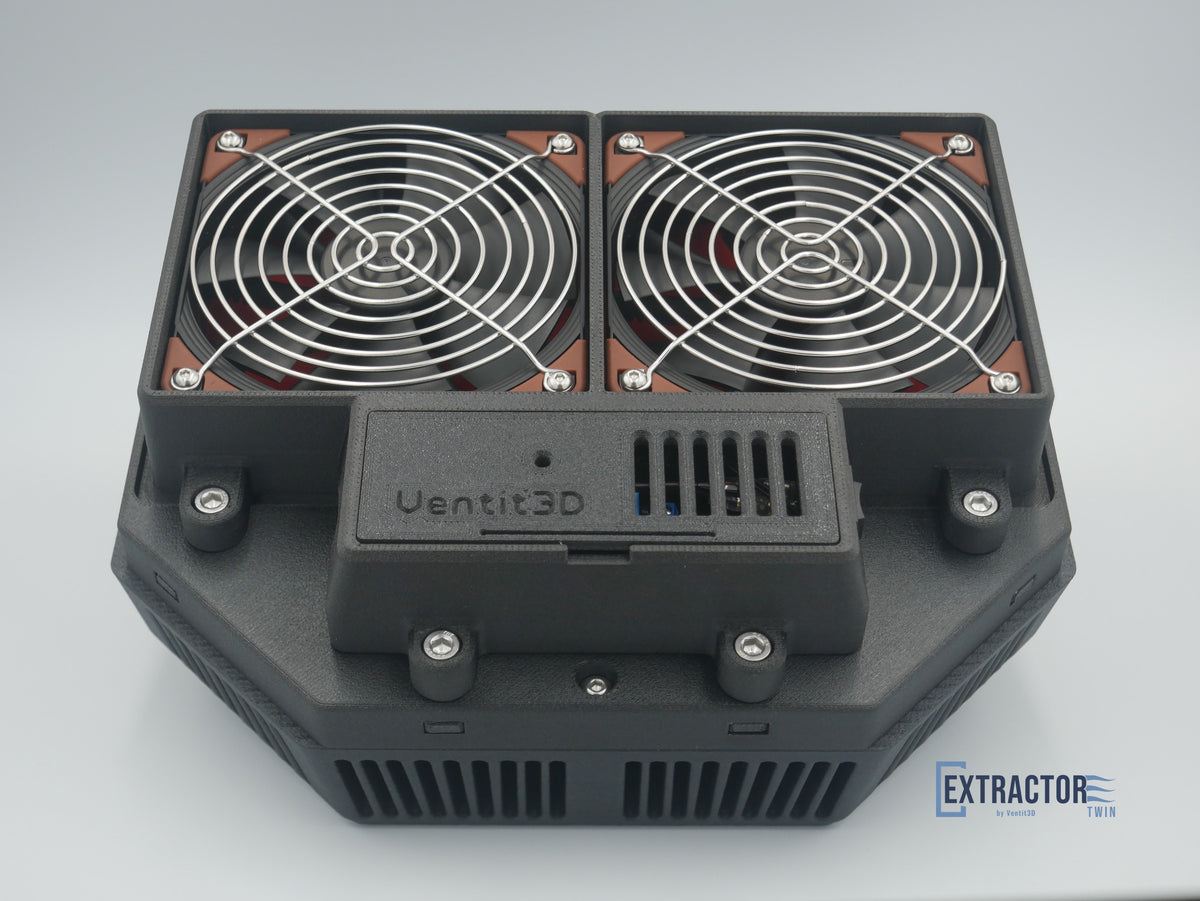 The Extractor Twin assembled, fan box on the inner mount with the louvred outer vent housing below