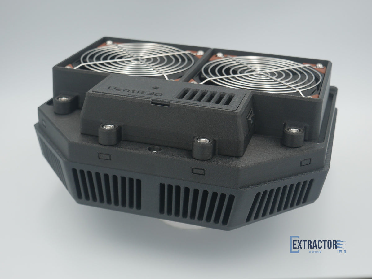The Extractor Twin low angle view showing the fan box, M6 cap head bolts and downward louvres on the outer housing