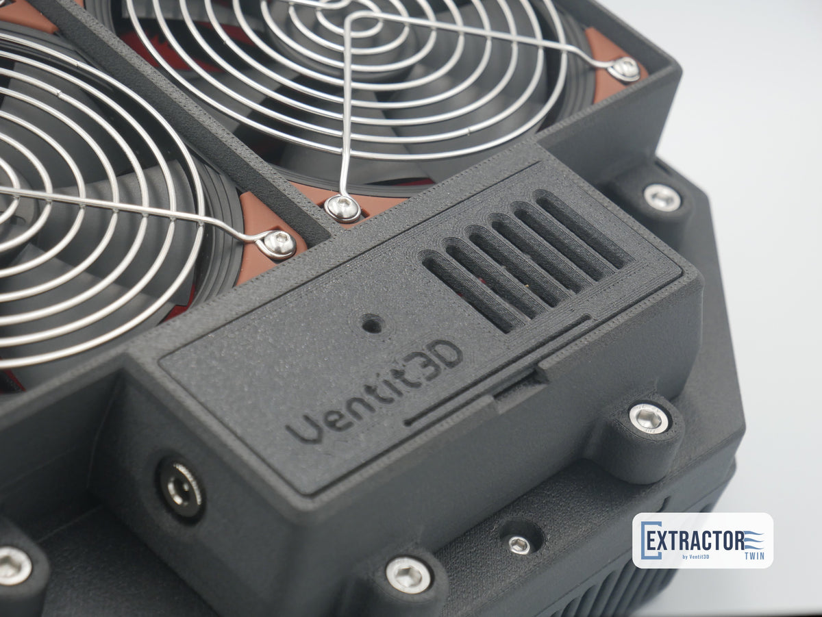 Close up of The Extractor Twin controller compartment with Ventit3D logo, snap fit lid and DC power jack
