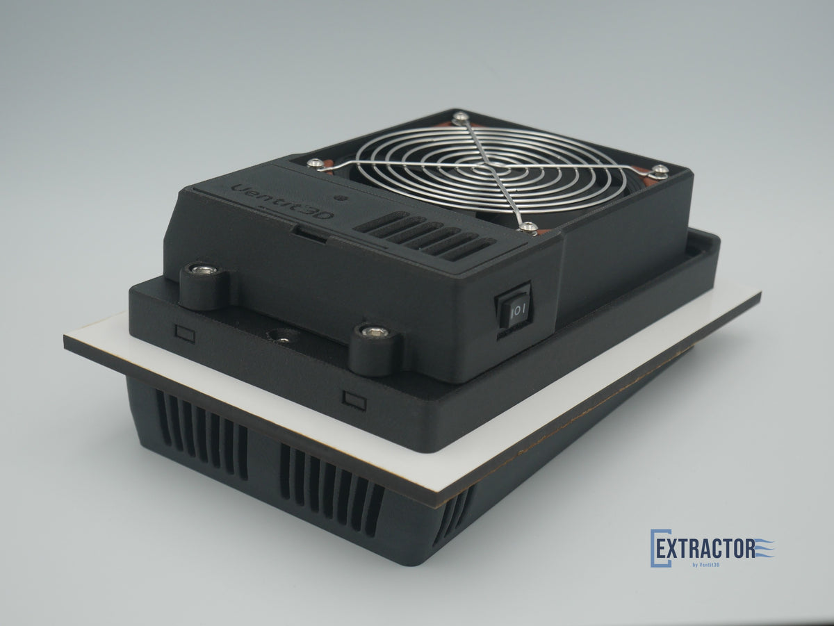 The Extractor 12V powered canopy vent fan box with stainless fan guard, three-way switch and M6 cap head bolts