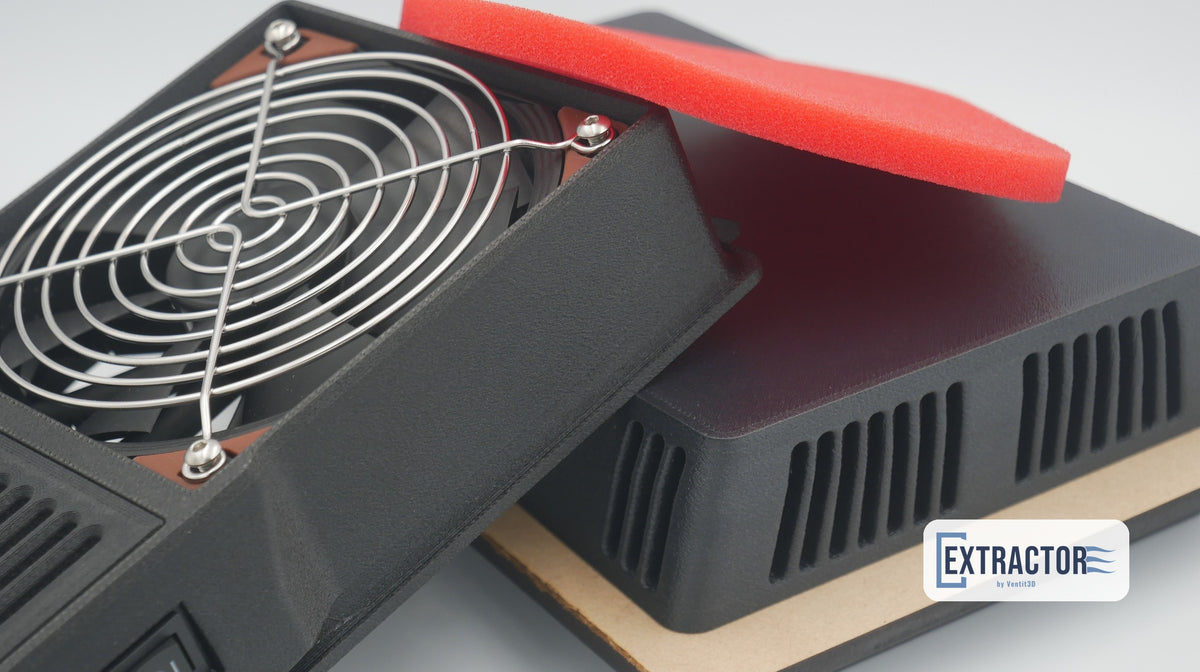 Ventit3D The Extractor fan box and louvred outer housing with the reusable red 10mm Uni foam filter lifted out