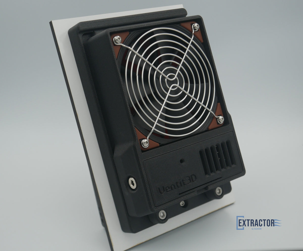 The Extractor premium 12V powered canopy vent by Ventit3D – fan box with stainless steel fan guard, mounted on a panel