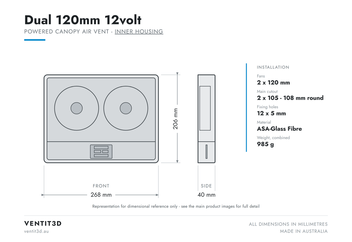 Ventit3D Dual 120mm 12volt canopy air vent inner housing dimensioned drawing - 268 x 206 x 40 mm with 2 x 120 mm fans