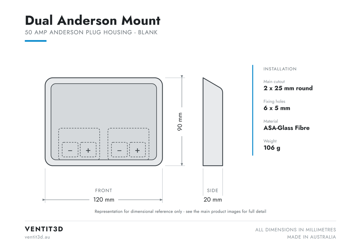 Ventit3D Dual Anderson Mount dimensioned drawing - 120 x 90 x 20 mm with 2 x 25 mm round cutouts
