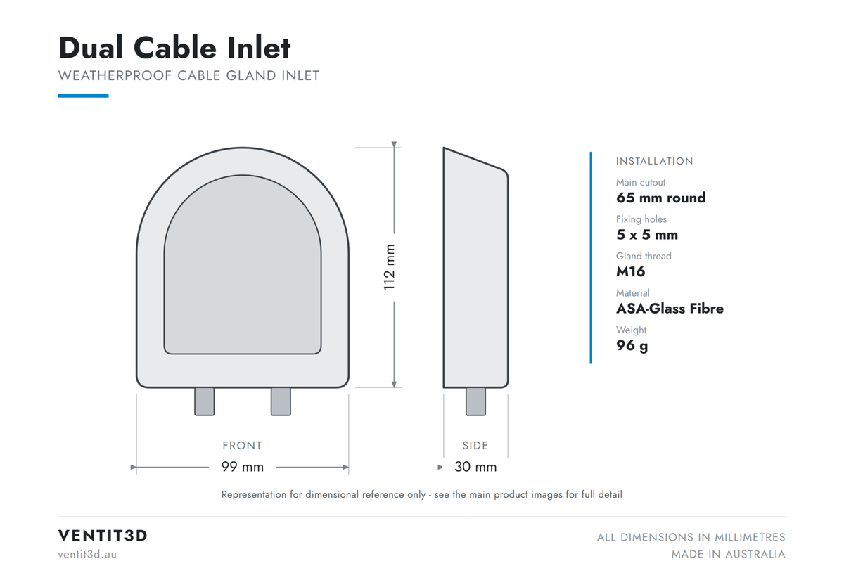 Ventit3D Dual Cable Inlet dimensioned drawing - 99 x 112 x 30 mm with 65 mm round cutout and M16 gland thread