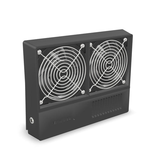 3D model of the Ventit3D Dual 120mm 12volt canopy air vent in black ASA-Glass Fibre - rotate to see the twin-fan inner housing and outer louvred housing