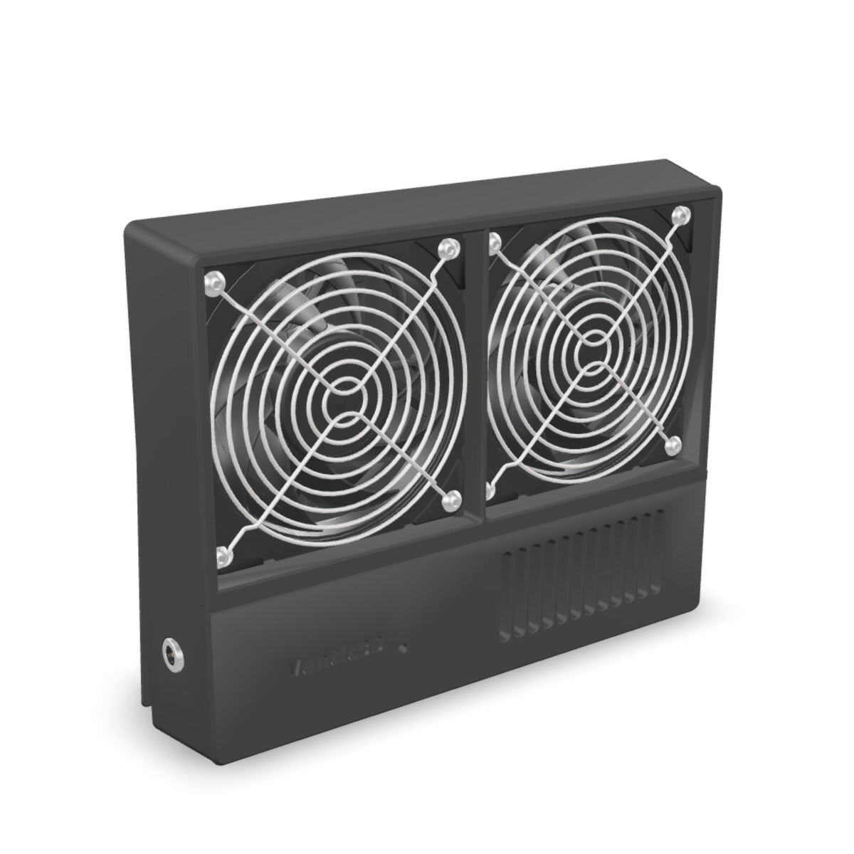3D model of the Ventit3D Dual 120mm 12volt canopy air vent in black ASA-Glass Fibre - rotate to see the twin-fan inner housing and outer louvred housing