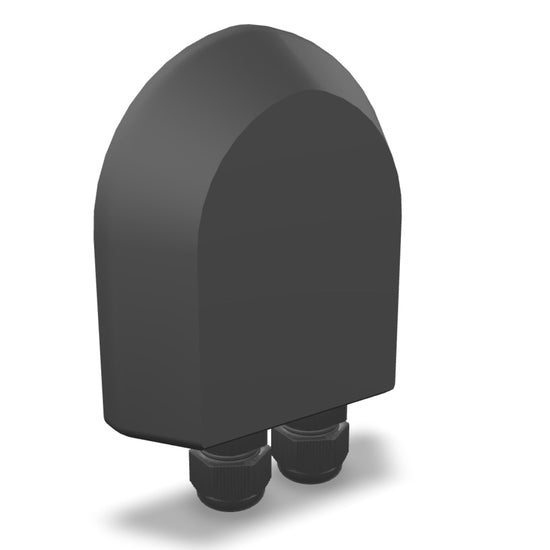 3D model of the Ventit3D Dual Cable Inlet in black ASA-Glass Fibre with two M16 cable glands - rotate to see the domed outer face and the inside