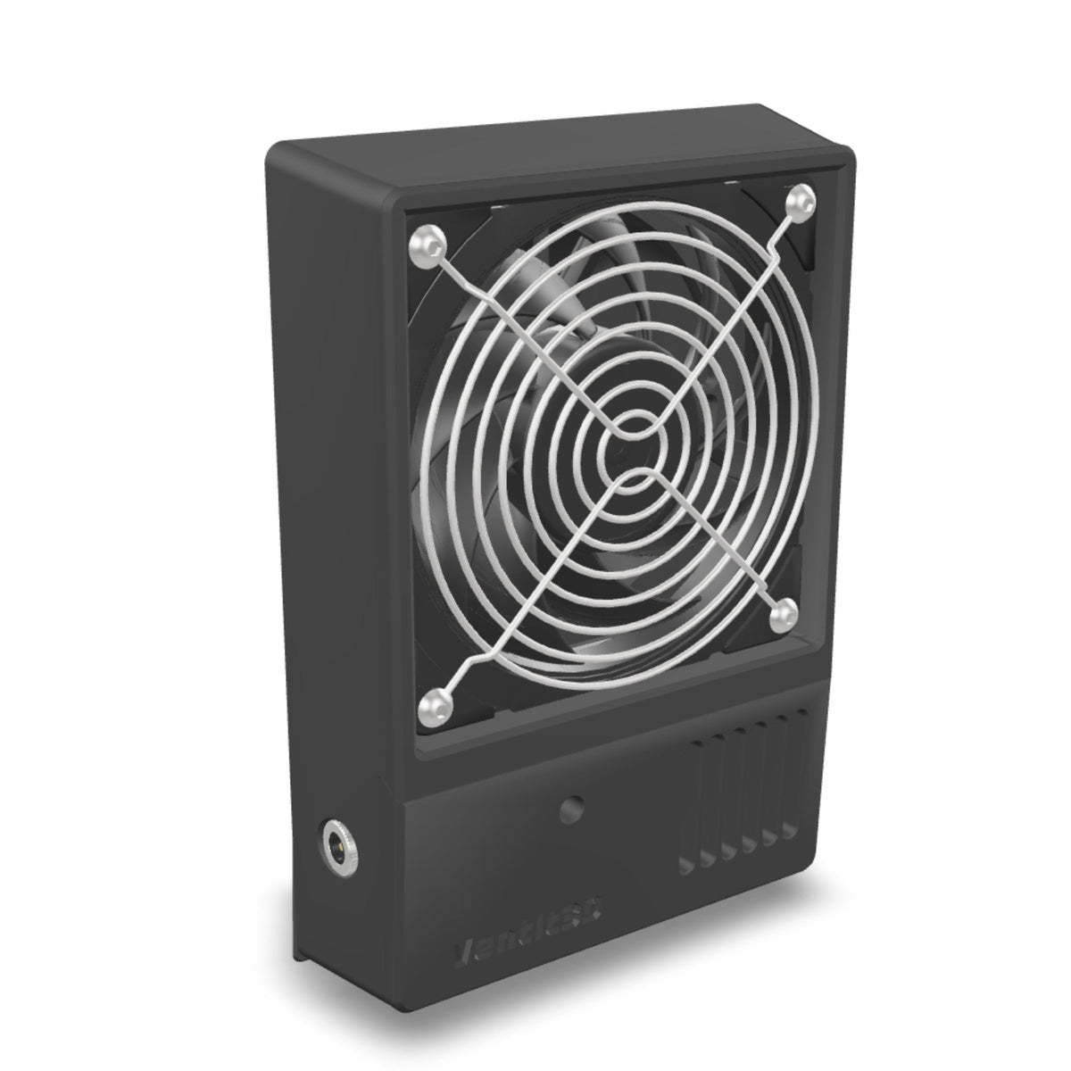 3D model of the Ventit3D Single 120mm 12volt canopy air vent in black ASA-Glass Fibre - rotate to see the inner fan housing and outer louvred housing
