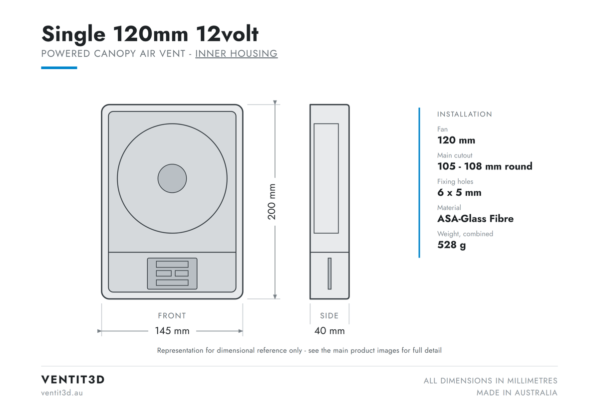 Ventit3D Single 120mm 12volt canopy air vent inner housing dimensioned drawing - 145 x 200 x 40 mm with 120 mm fan