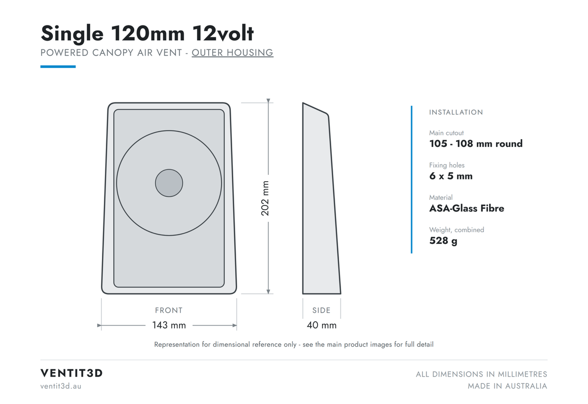 Ventit3D Single 120mm 12volt canopy air vent outer housing dimensioned drawing - 143 x 202 x 40 mm with 105-108 mm round cutout