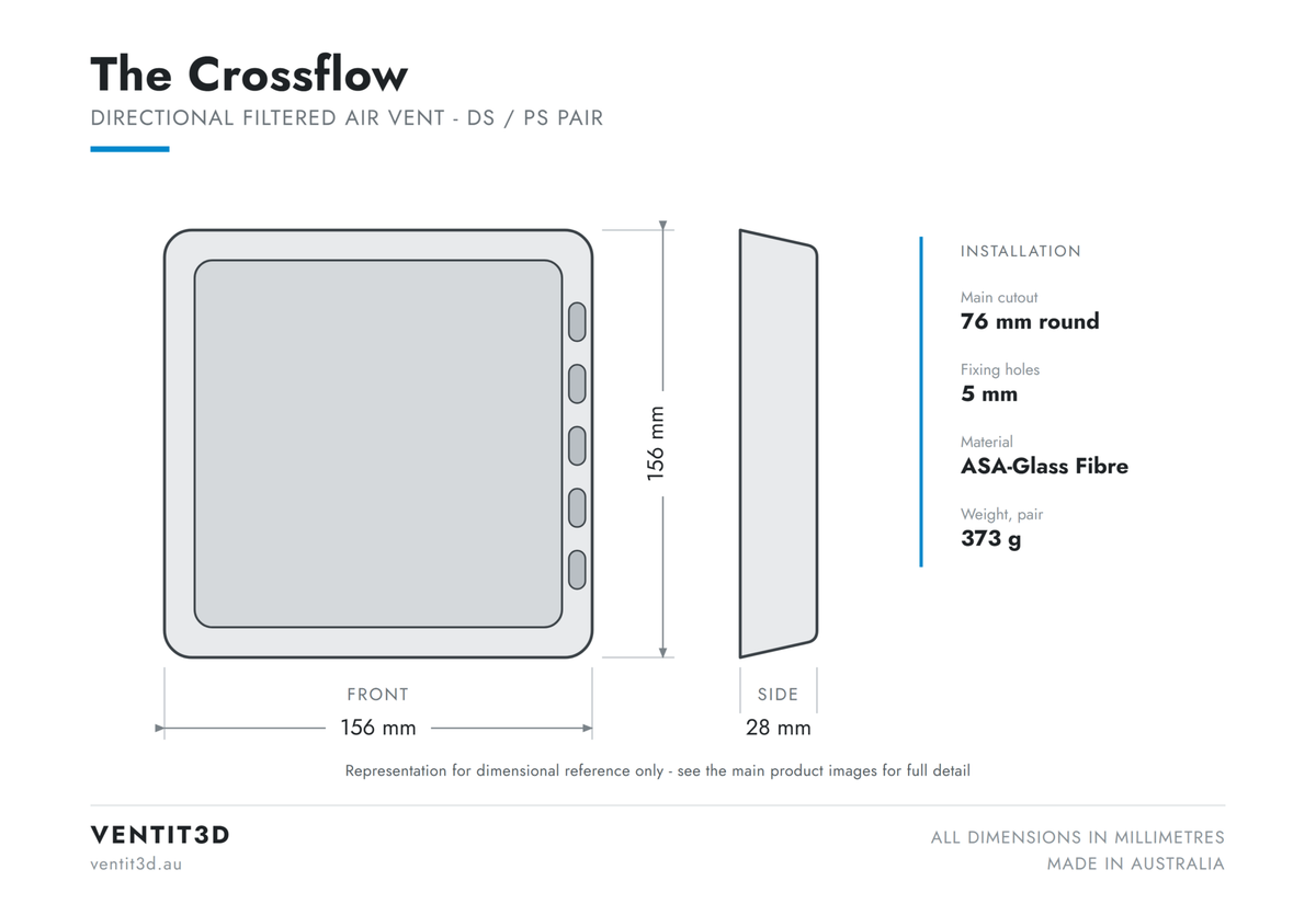 Ventit3D Crossflow directional filtered air vent dimensioned drawing - 156 x 156 x 28 mm with 76 mm round cutout