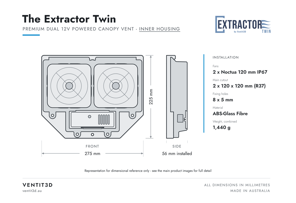 Ventit3D The Extractor Twin premium dual 12V powered canopy vent inner housing dimension diagram - 275 x 225 mm, 56 mm installed depth inside the canopy