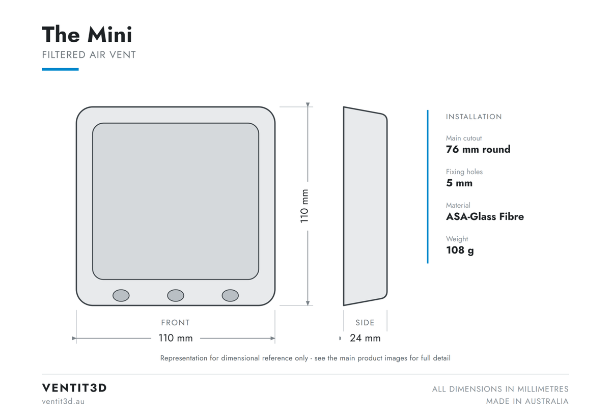 Ventit3D The Mini filtered air vent dimensioned drawing - 110 x 110 x 24 mm with 76 mm round cutout