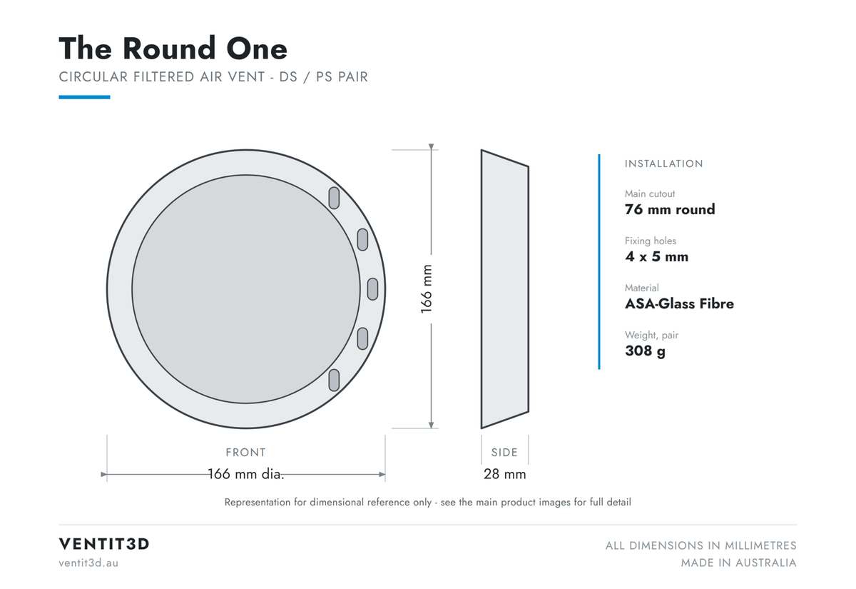Ventit3D The Round One circular filtered air vent dimensioned drawing - 166 mm diameter x 28 mm deep with 76 mm round cutout
