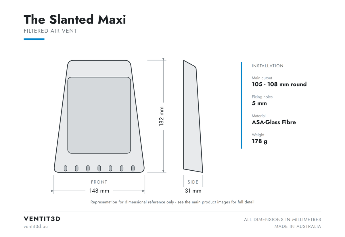Ventit3D The Slanted Maxi filtered air vent dimensioned drawing - 148 x 182 x 31 mm with 105-108 mm round cutout