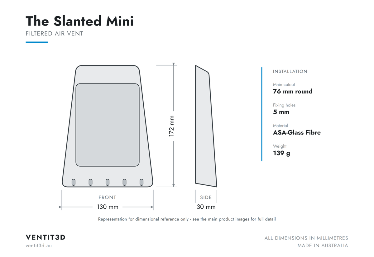 Ventit3D The Slanted Mini filtered air vent dimensioned drawing - 130 x 172 x 30 mm with 76 mm round cutout