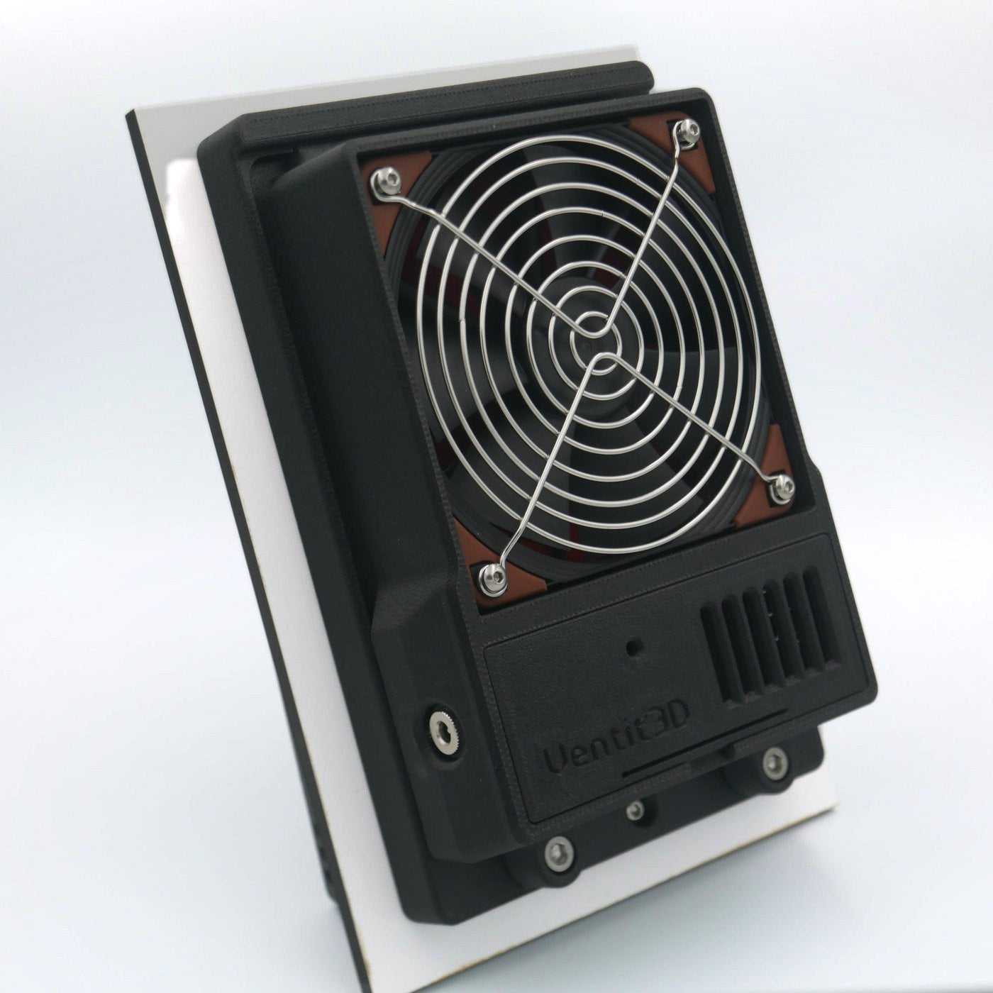 The Extractor premium 12V powered canopy vent — fan box with IP67 Noctua fan and stainless steel guard, mounted on a panel